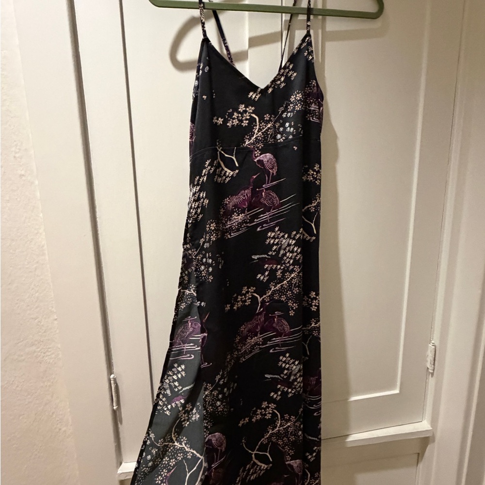 Asian Print Dress High Slit Criss Cross back